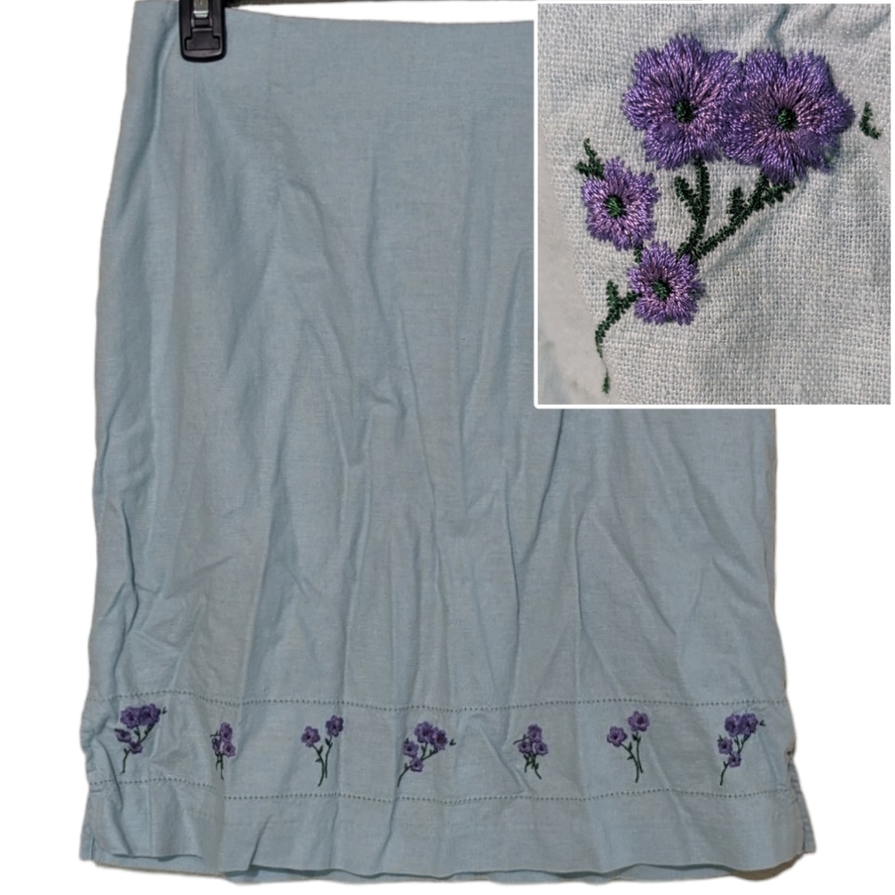 Vintage warm baby blue pencil skirt with purple flower embroidery on hem